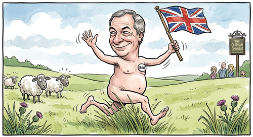Firefly_Gemini Flash_A cartoon of Nigel Farage naked, waving a union jack 641576