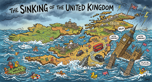 Firefly_Gemini Flash_A cartoon of the united kingdom sinking 641576