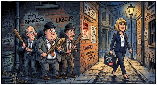 Firefly_Gemini Flash_A cartoon of three businessmen carying clubs waiting in an alley as rachel reeves wal 641576